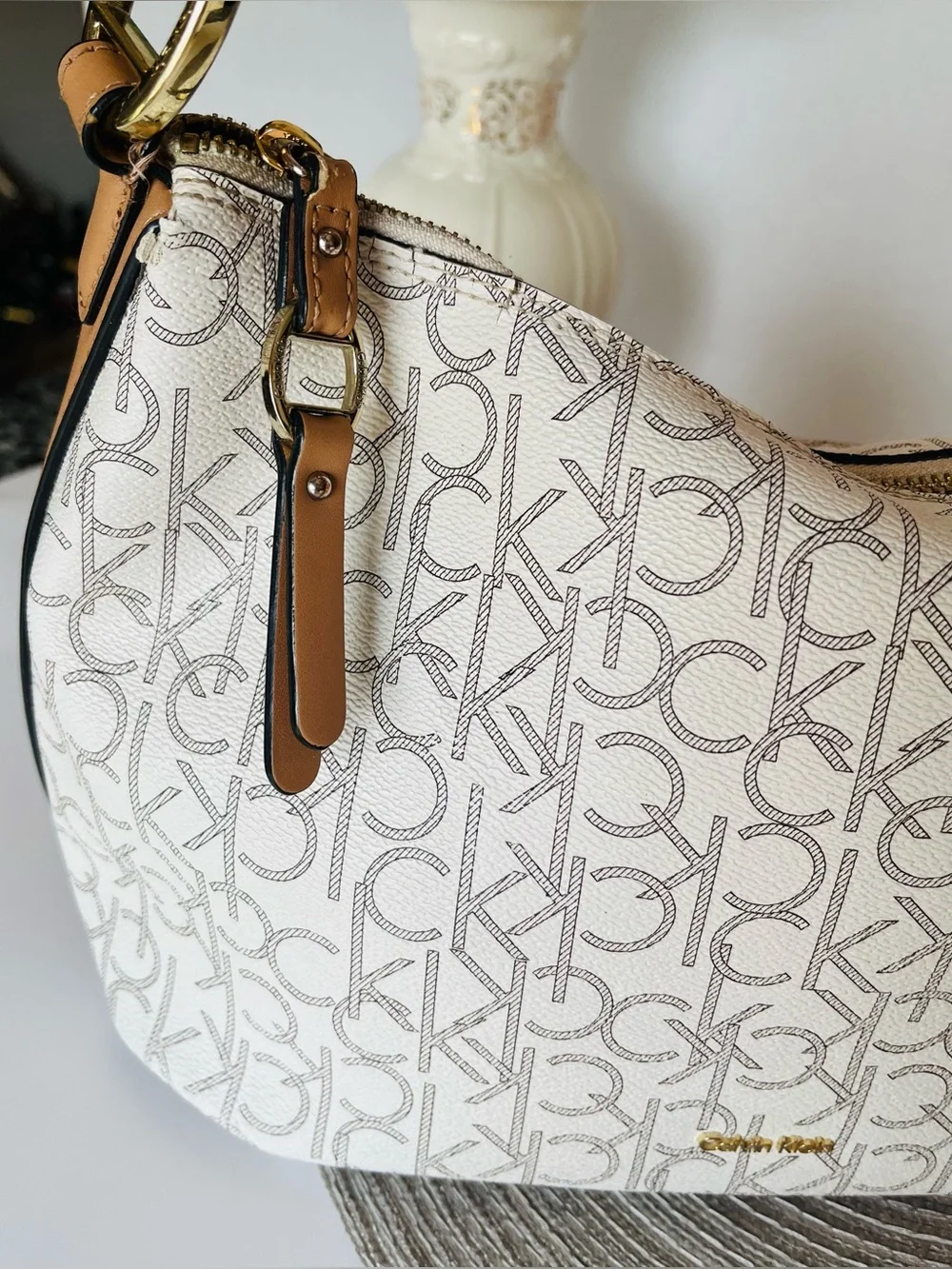 CALVIN KLEIN Shoulder Bag “HOLLY” Monogram Hobo Gold-Tone Tassel 13x11x6”